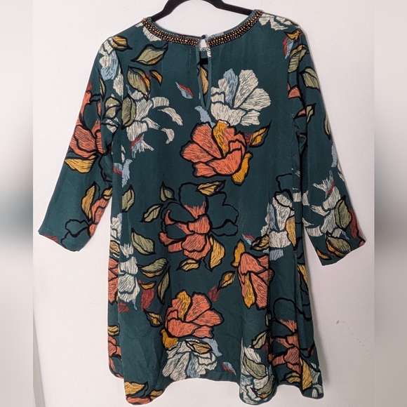 Maeve Anthropologie Mini Dress Green Peonies 3/4 Sleeve Small Beaded Neck Sz PS - Picture 6 of 14